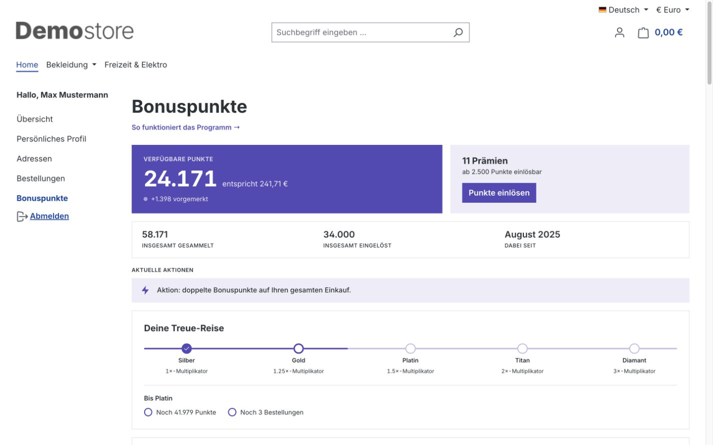 Bonuspunkte-Seite im Kundenkonto der Storefront