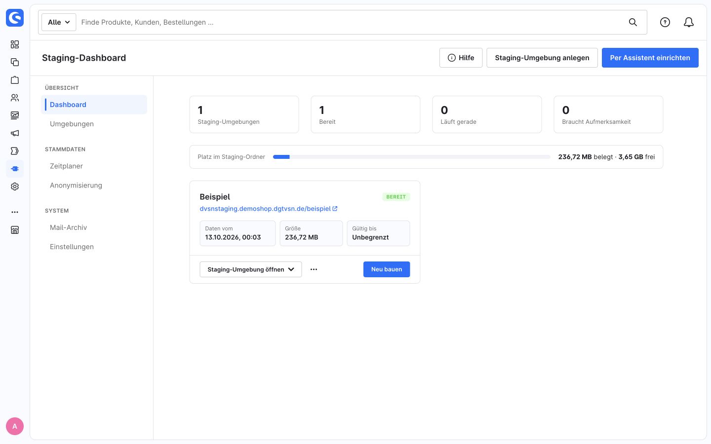Staging-Dashboard des Staging Managers in der Shopware-Administration